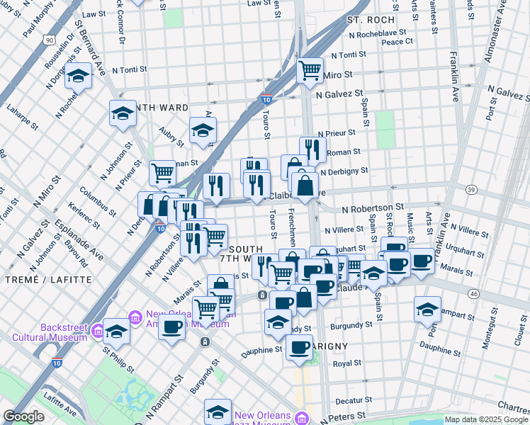 map of restaurants, bars, coffee shops, grocery stores, and more near 1928 North Claiborne Avenue in New Orleans