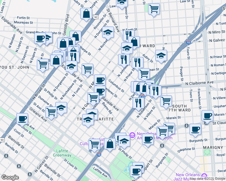 map of restaurants, bars, coffee shops, grocery stores, and more near 1922 Columbus Street in New Orleans