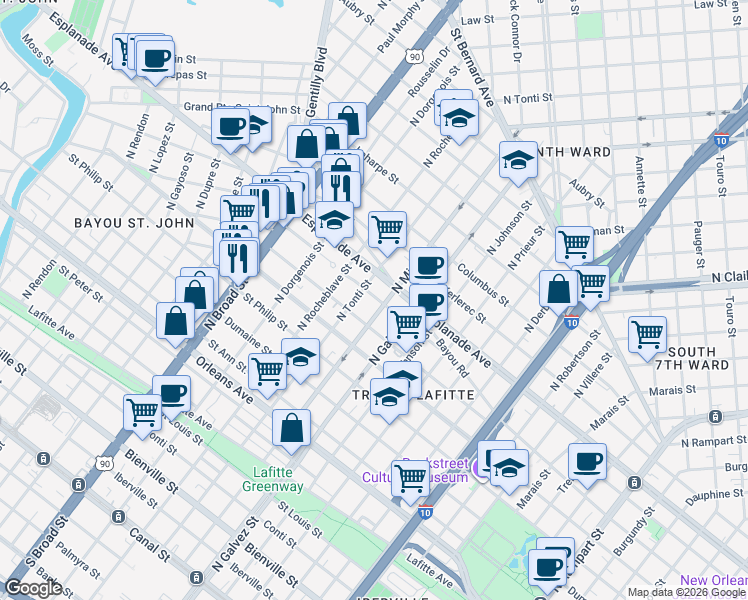 map of restaurants, bars, coffee shops, grocery stores, and more near 1300 North Tonti Street in New Orleans