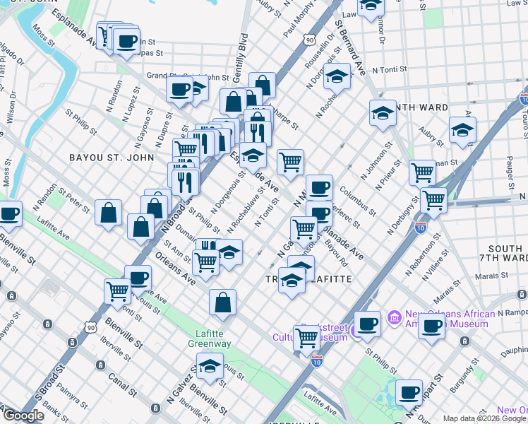 map of restaurants, bars, coffee shops, grocery stores, and more near 1212 North Rocheblave Street in New Orleans
