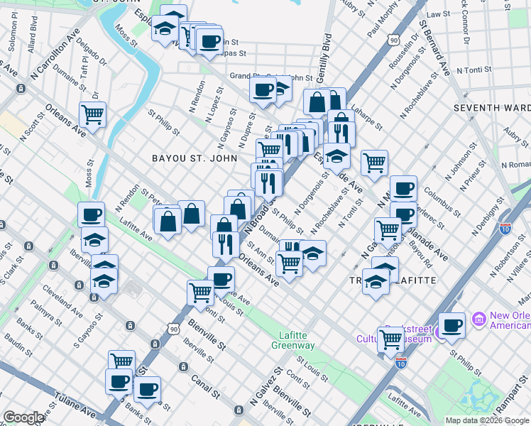 map of restaurants, bars, coffee shops, grocery stores, and more near 945 U.S. 90 in New Orleans