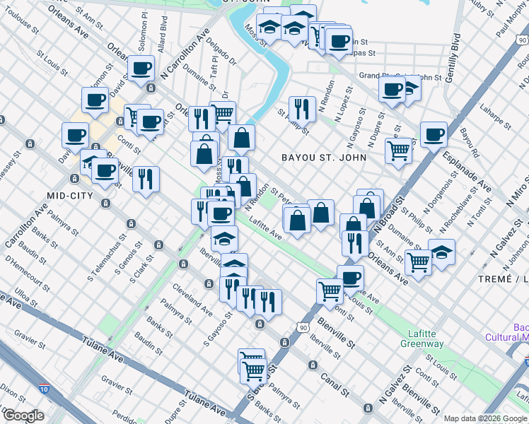 map of restaurants, bars, coffee shops, grocery stores, and more near 3141 Toulouse Street in New Orleans