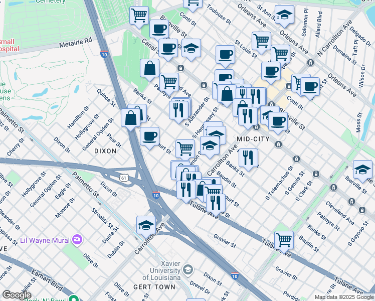 map of restaurants, bars, coffee shops, grocery stores, and more near in New Orleans