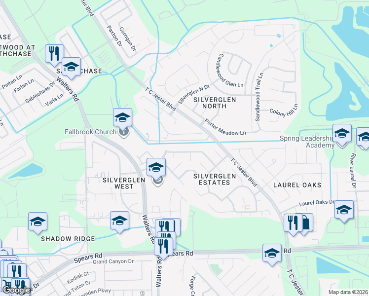 map of restaurants, bars, coffee shops, grocery stores, and more near 2614 Silver Meadow Drive in Houston