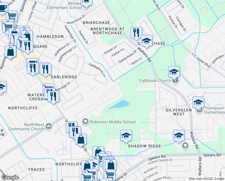 map of restaurants, bars, coffee shops, grocery stores, and more near 13611 Sablerun Lane in Houston