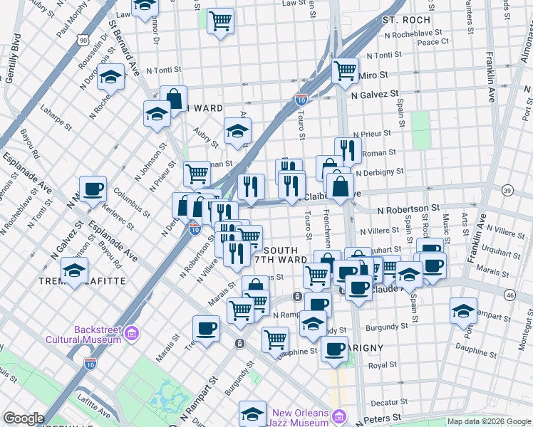 map of restaurants, bars, coffee shops, grocery stores, and more near 1814 North Claiborne Avenue in New Orleans