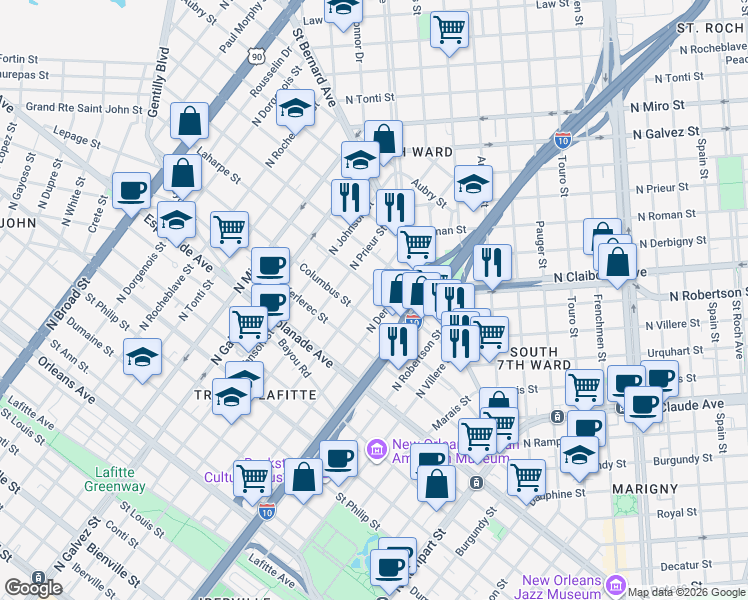 map of restaurants, bars, coffee shops, grocery stores, and more near 1715 Laharpe Street in New Orleans