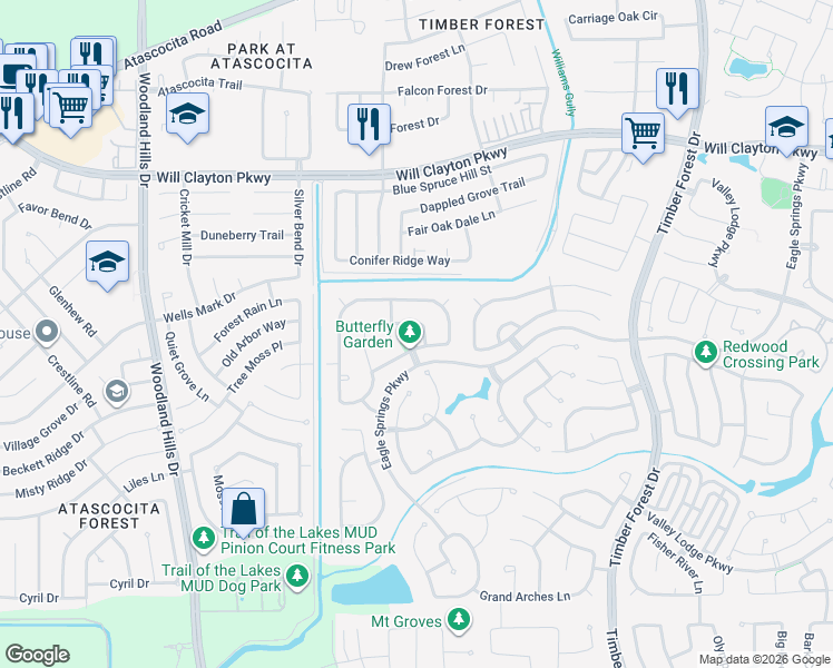 map of restaurants, bars, coffee shops, grocery stores, and more near 11815 Misty Peak Lane in Humble