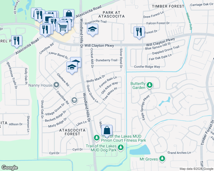 map of restaurants, bars, coffee shops, grocery stores, and more near 4211 Old Arbor Way in Humble