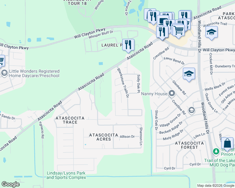 map of restaurants, bars, coffee shops, grocery stores, and more near 3127 Lauren Oaks Lane in Humble