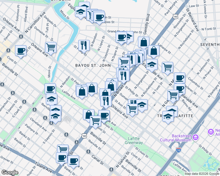 map of restaurants, bars, coffee shops, grocery stores, and more near 2738 Dumaine Street in New Orleans