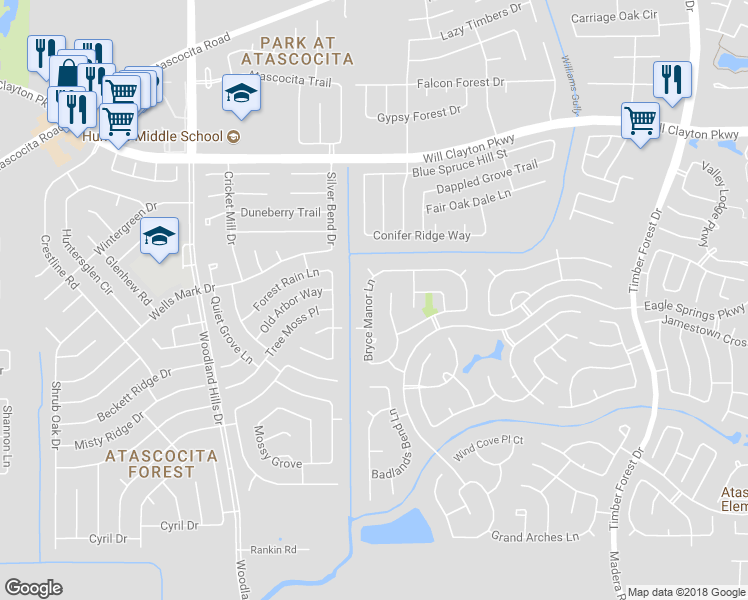 map of restaurants, bars, coffee shops, grocery stores, and more near 17626 Bryce Manor Lane in Humble