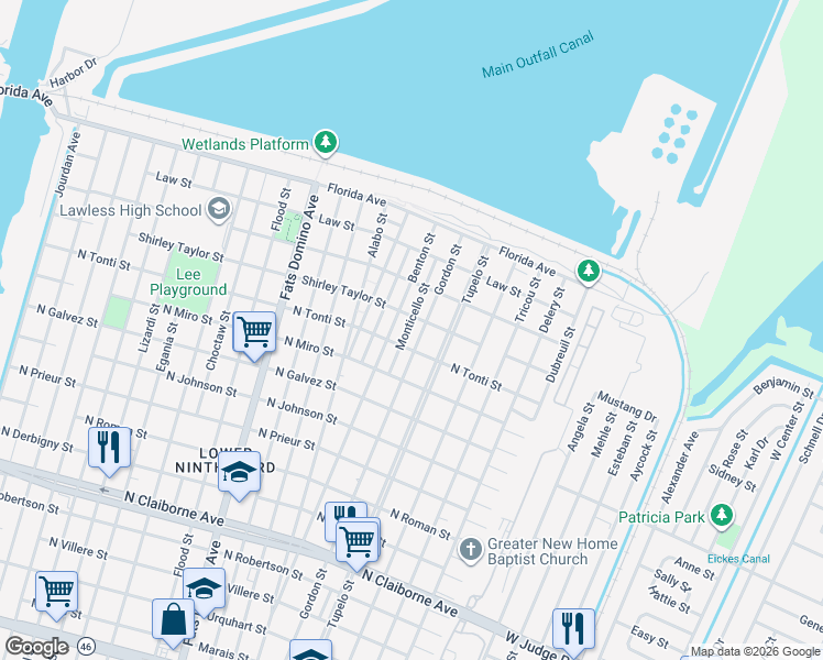 map of restaurants, bars, coffee shops, grocery stores, and more near 2401 Gordon Street in New Orleans