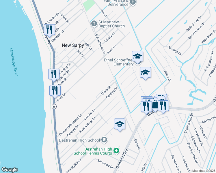 map of restaurants, bars, coffee shops, grocery stores, and more near 10 Maria Street in Destrehan