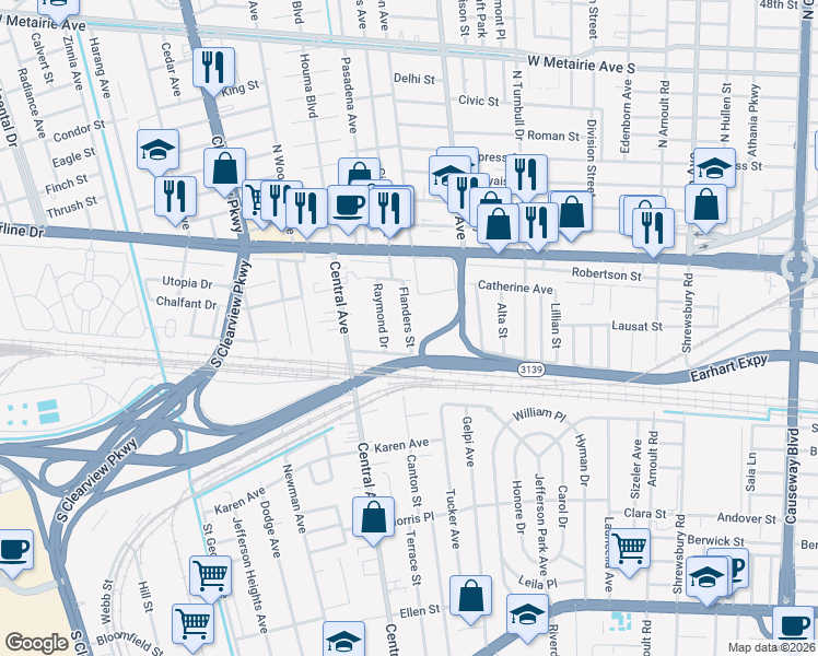 map of restaurants, bars, coffee shops, grocery stores, and more near 1025 Flanders Street in Metairie