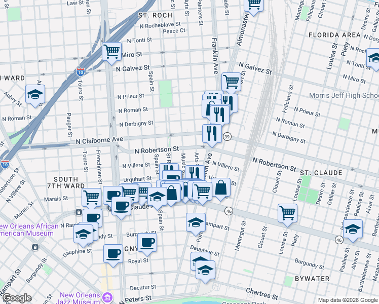 map of restaurants, bars, coffee shops, grocery stores, and more near 2447 North Robertson Street in New Orleans