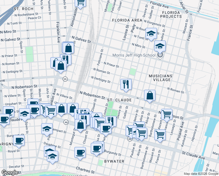map of restaurants, bars, coffee shops, grocery stores, and more near 1635 Louisa Street in New Orleans
