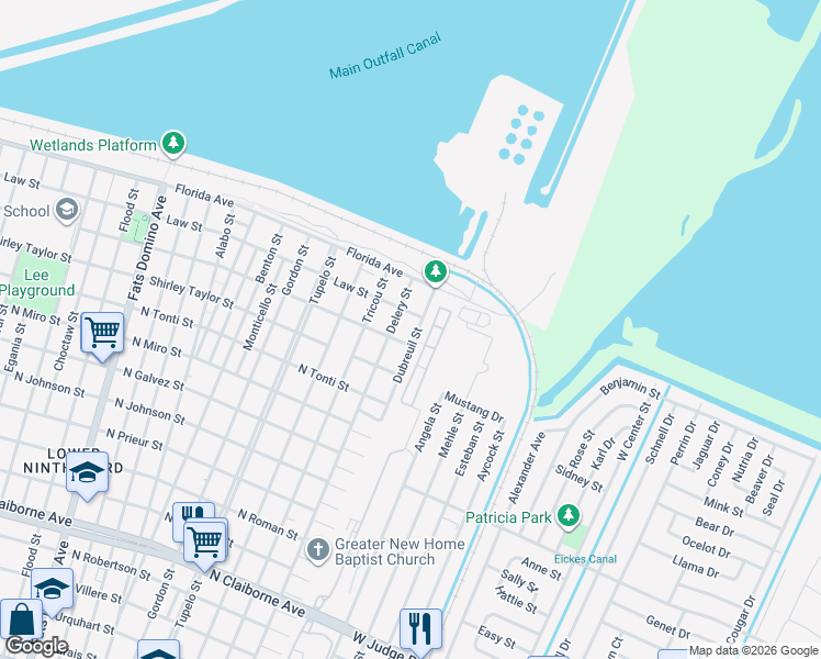 map of restaurants, bars, coffee shops, grocery stores, and more near 2526 Delery Street in New Orleans