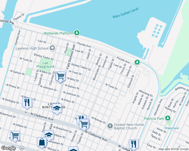 map of restaurants, bars, coffee shops, grocery stores, and more near 2330 Benton Street in New Orleans