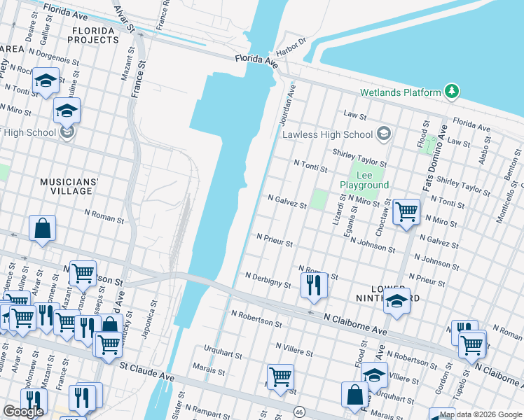 map of restaurants, bars, coffee shops, grocery stores, and more near 2034 Deslonde Street in New Orleans