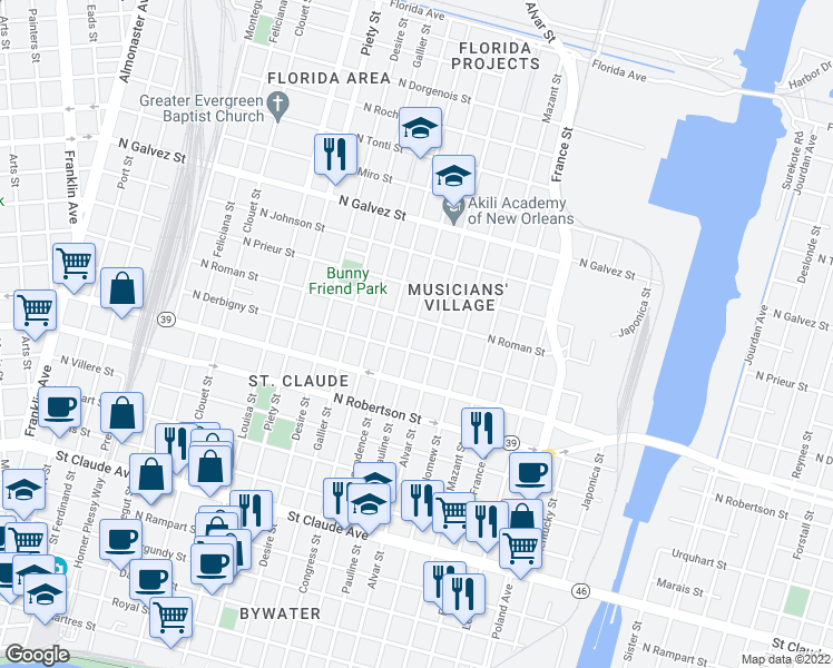 map of restaurants, bars, coffee shops, grocery stores, and more near 1740 Alvar Street in New Orleans