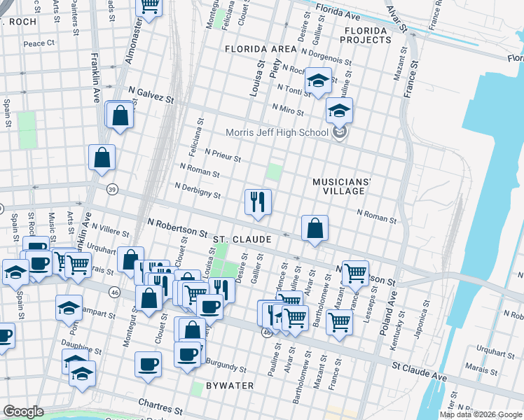 map of restaurants, bars, coffee shops, grocery stores, and more near 3334A North Derbigny Street in New Orleans