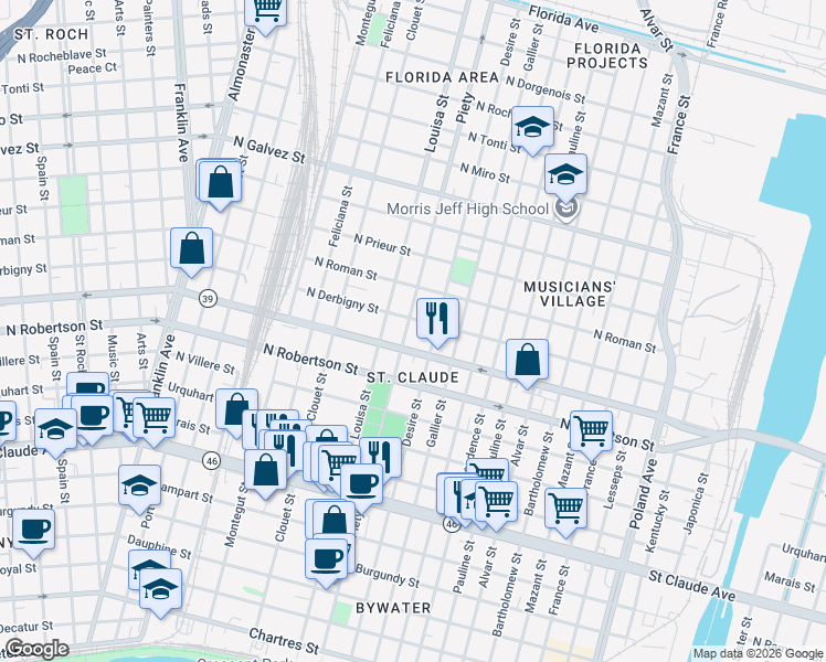map of restaurants, bars, coffee shops, grocery stores, and more near 3334A North Derbigny Street in New Orleans