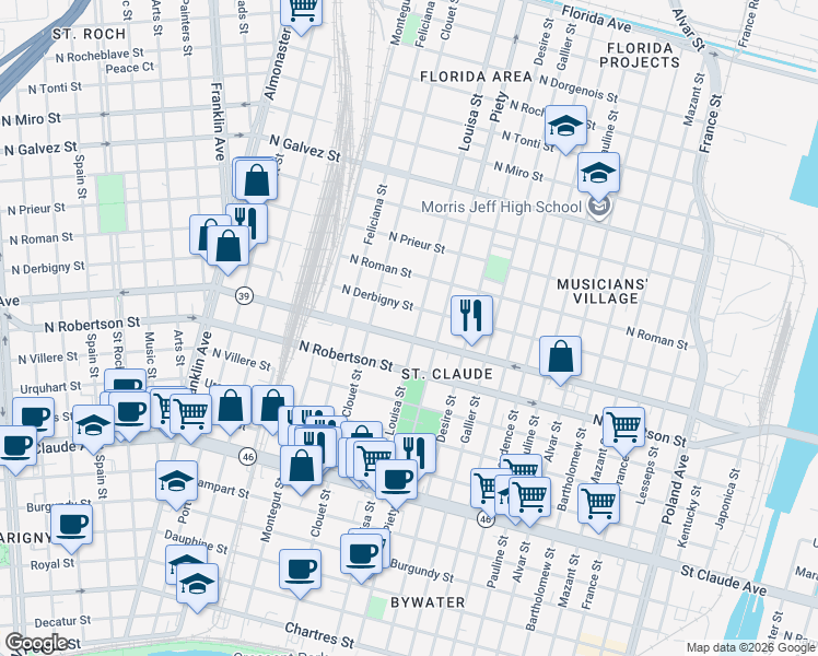 map of restaurants, bars, coffee shops, grocery stores, and more near 1635 Louisa Street in New Orleans