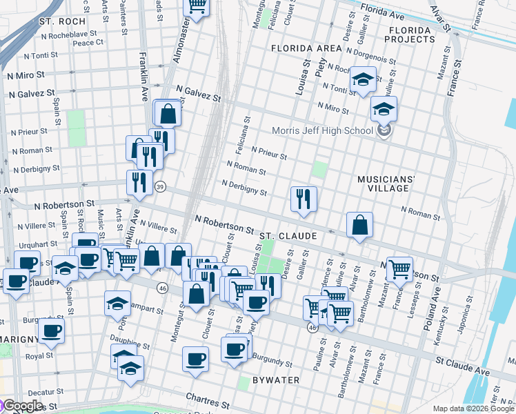 map of restaurants, bars, coffee shops, grocery stores, and more near 3121 North Claiborne Avenue in New Orleans