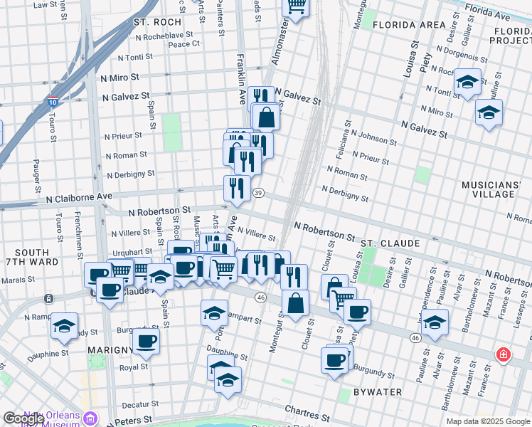 map of restaurants, bars, coffee shops, grocery stores, and more near 1523 Saint Ferdinand Street in New Orleans