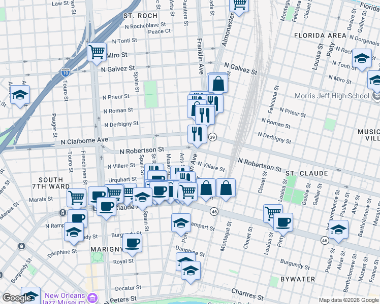 map of restaurants, bars, coffee shops, grocery stores, and more near 1436 Franklin Avenue in New Orleans