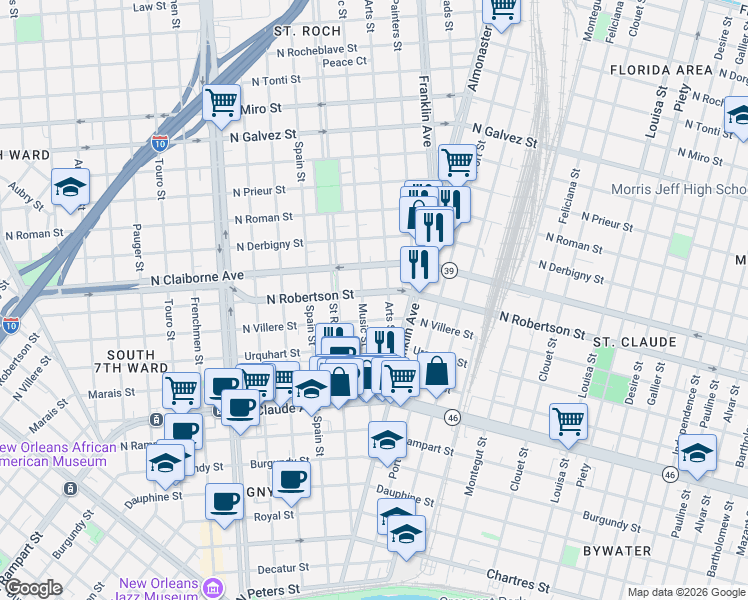 map of restaurants, bars, coffee shops, grocery stores, and more near 2447 North Robertson Street in New Orleans