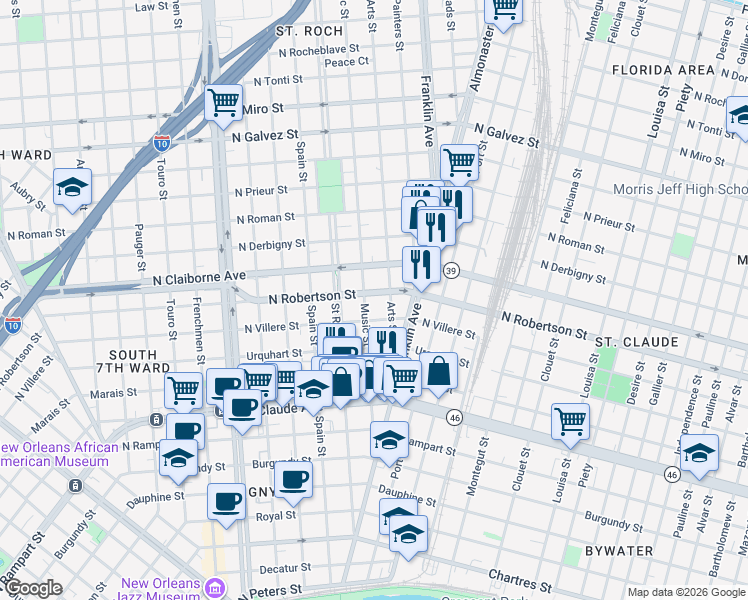 map of restaurants, bars, coffee shops, grocery stores, and more near 2447 North Robertson Street in New Orleans