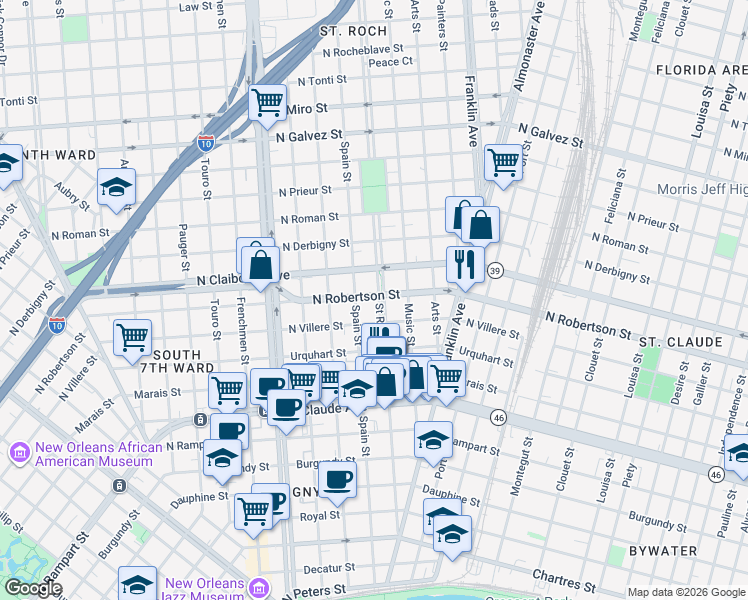 map of restaurants, bars, coffee shops, grocery stores, and more near 1500 Saint Roch Avenue in New Orleans
