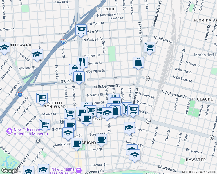 map of restaurants, bars, coffee shops, grocery stores, and more near 2329 North Robertson Street in New Orleans