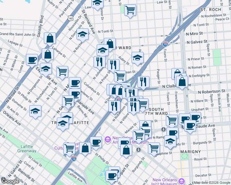 map of restaurants, bars, coffee shops, grocery stores, and more near 1715 Laharpe Street in New Orleans