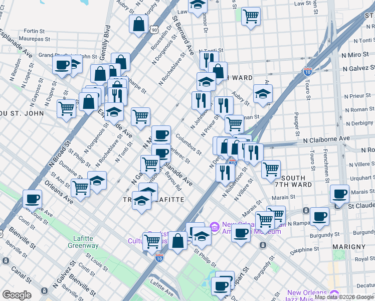 map of restaurants, bars, coffee shops, grocery stores, and more near 1922 Columbus Street in New Orleans