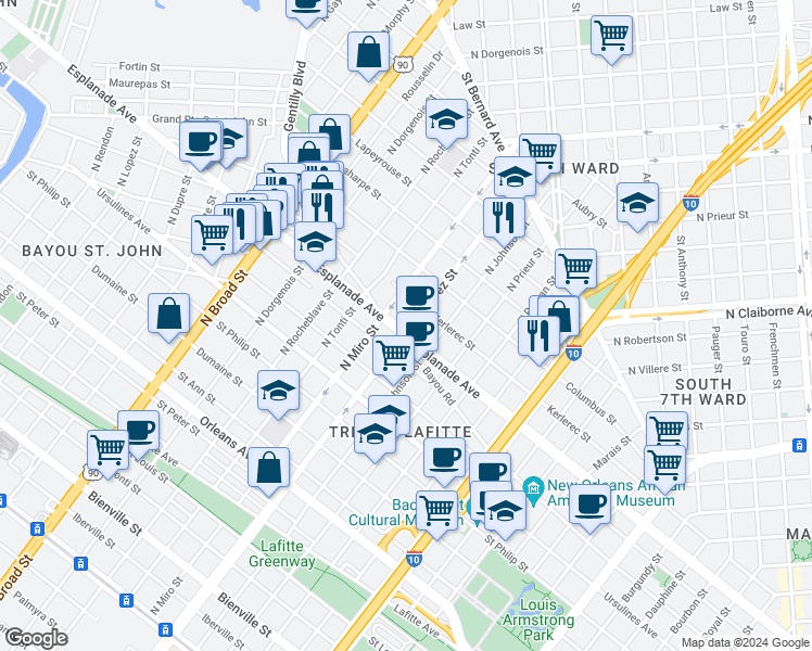 map of restaurants, bars, coffee shops, grocery stores, and more near 2127 Esplanade Avenue in New Orleans