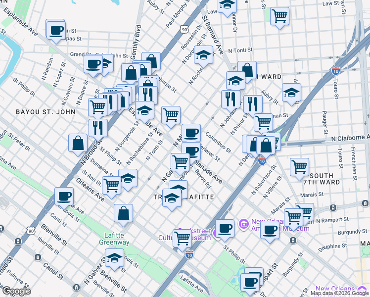 map of restaurants, bars, coffee shops, grocery stores, and more near in New Orleans