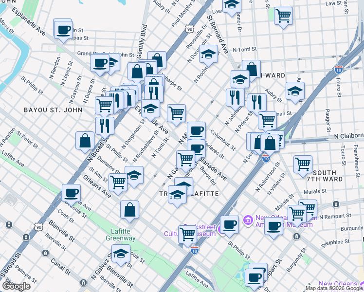 map of restaurants, bars, coffee shops, grocery stores, and more near in New Orleans
