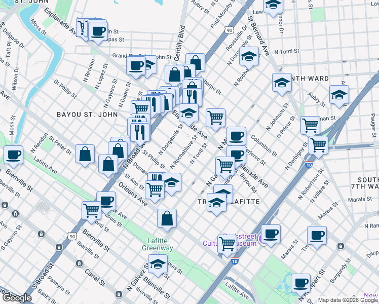 map of restaurants, bars, coffee shops, grocery stores, and more near 1212 North Rocheblave Street in New Orleans