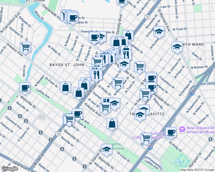 map of restaurants, bars, coffee shops, grocery stores, and more near 2628 Ursulines Avenue in New Orleans