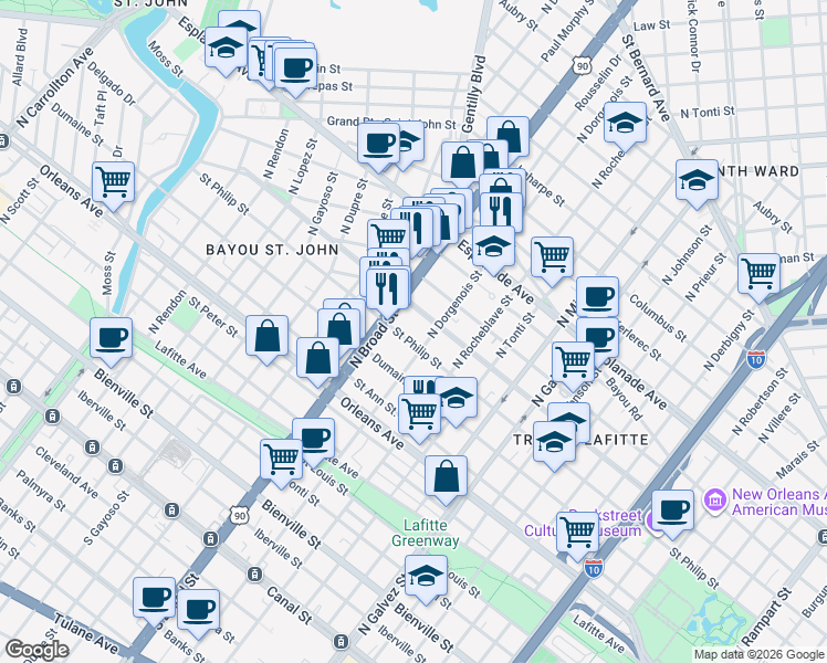 map of restaurants, bars, coffee shops, grocery stores, and more near 2628 Ursulines Avenue in New Orleans
