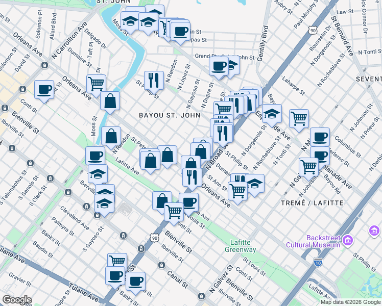 map of restaurants, bars, coffee shops, grocery stores, and more near 820 North Dupre Street in New Orleans