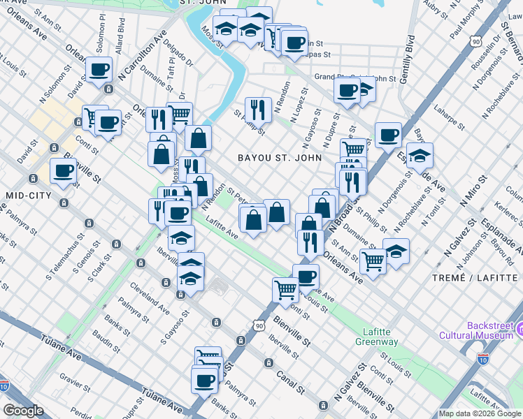 map of restaurants, bars, coffee shops, grocery stores, and more near 3035 Saint Peter Street in New Orleans