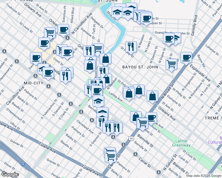map of restaurants, bars, coffee shops, grocery stores, and more near in New Orleans