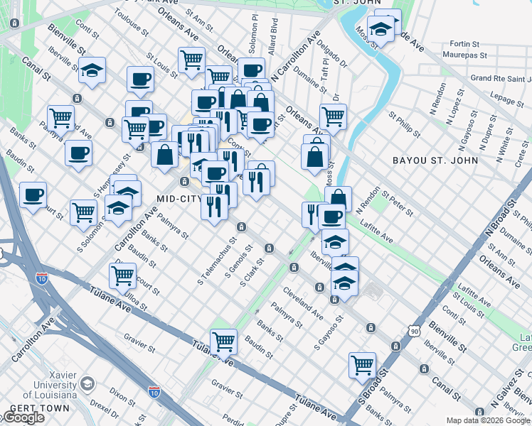 map of restaurants, bars, coffee shops, grocery stores, and more near 3701 Iberville Street in New Orleans