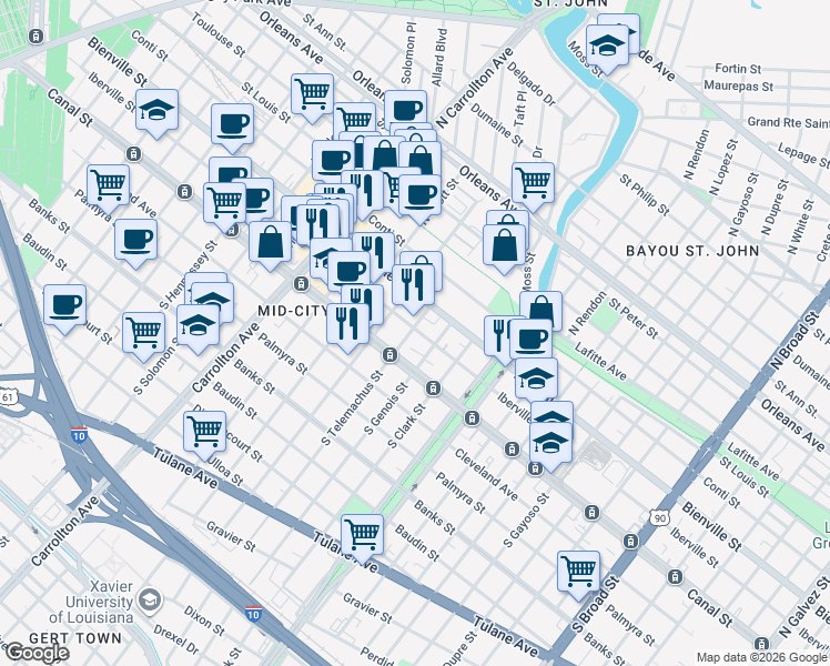 map of restaurants, bars, coffee shops, grocery stores, and more near 3701 Iberville Street in New Orleans