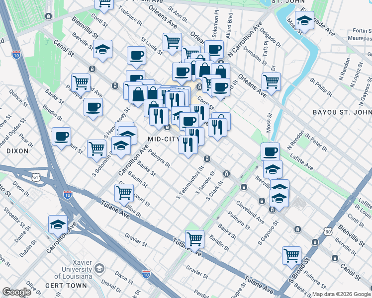 map of restaurants, bars, coffee shops, grocery stores, and more near 3900 Canal Street in New Orleans