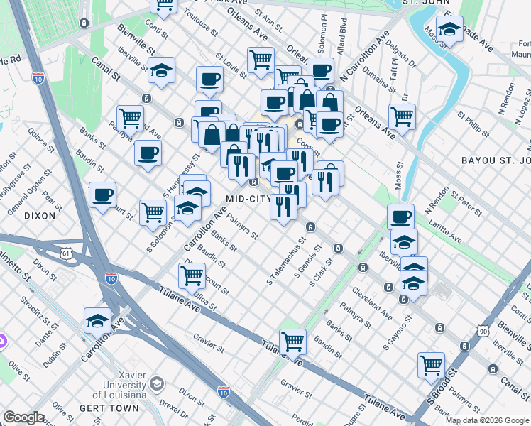 map of restaurants, bars, coffee shops, grocery stores, and more near 3900 Canal Street in New Orleans